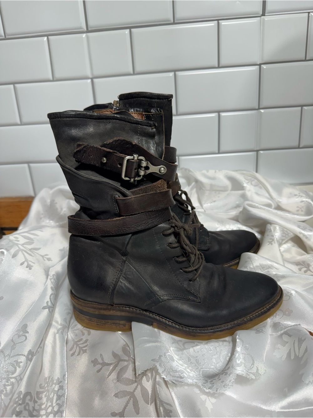 A.S.98 Black Leather Lace-Up Combat Boots with Brown Strap